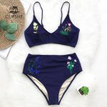 CUPSHE Dark Blue Flora Embroidery Bikini Set Women High Waist Swimwear With lining 2018 Summer Female New Sexy Bathing Swimsuits