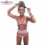 Ins, SEBOWEL Sexy Plus Size High Waist Halter Out Red Bordered Bikini Tankini Swimwear Women Two Pieces Boho Insert Stripe Swimsuit