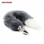 Stainless steel metal Butt Plug with Gray Faux Fox tail with white tip,Charming Anal plug,adult sex products