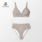 CUPSHE Sexy Brown And White Stripe Bikini Sets Women High Waist Two Pieces Swimsuits 2019 Girl Beach Bathing Suits Swimwear