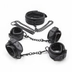 Black Real leather BDSM Set Include Handcuffs Ancle Cuff And Slave Collar, PU leather BDSM Bondage Adult Games Couples Sex Toys.