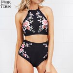 TCBSG 2019 New Arrival Sexy Bikinis Women Swimwear High Waist Swimsuit Retro Print Floral Crop Top Halter Bikini Set Bating Suit