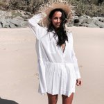 Women White Cover Up Bikinis New Swimsuit Sexy V Beach Dress Solid Beachwear Female Hollow Tunic Robe Pareos De Playa Mujer