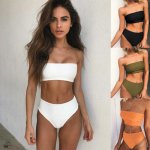 2019 New High Waist Bandeau Bikini Strapless Swimwear Women Solid 4 Color two pieces swimsuit Sexy Off Shoulder Bathing biquini