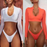 2019 Two Piece Solid Swimsuit Summer Sexy Women Mesh Long Sleeve Mid Waist Bikini Set Push Up Swimwear Swimming Beachwear