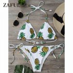 Zaful 2017 Women New Pineapple String Bikini Set Sexy Mid Waisted Print Halter Tropical style Brazilian Swimwear bathing suits