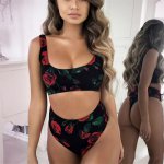 2019 High Neck Bikini High Waist Swimsuit Women Floral Bikini Set Sexy Swimwear Rose Printing Bikini Halter Biquini