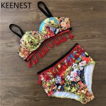 KEENEST Sexy Floral Print High Waist Swimsuit Bikini Push Up Swimwear Women Vintage Tassel