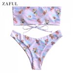 ZAFUL Women Floral Printed Lace up Strapless Sexy Summer Push-up Padded Bra Bandage Bikini Set Swimsuit Triangle Swimwear Bathin