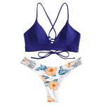 Braided Swimwear Lace Up Low Waist Padded Bra And Briefs Wire Free Flower Holiday Spaghetti Strap Bikini Set Criss Cross Sexy