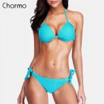 Charmo Women Bikini Set Halter Swimwear Solid Color Swimsuit Side Bandage Bathing Suit  triangle Beachwear Push Up Sexy Bikini