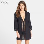 VIAOLI 2018 New Black Swimsuit Cover Up Summer Sexy Women Beachwear Cover Up Crochet Hollow Lace Tassel Bikini Bathing Suit