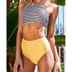 Women Sexy High Neck Bikini Set Swimsuit White Stripe Vest Yellow Bottom High Waist Swimwear Bathing Suit 