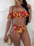 Sexy Women Sunflower Push-up Padded Off Shoulder Short Sleeve High Waist Bikini Set Swimwear Swimsuit Bathing Suit