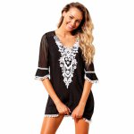 2019 Beach Bikini Cover Up Tassel Tie V Neck Beachwear Summer Swimsuit Cover Up Sexy Lace Hollow Out Half Sleeves Beach Dress