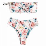 ZAFUL 2018 Bandeau Bikini Tied Floral Swimwear Women High Waist Swimsuit Sexy Strapless Knotted Padded Biquni Bathing Suit