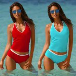 Sports Solid Color Conservative Swimsuit 2019 V-neck Push Up Padded Bikini Set High waist Swimsuits Sexy Women Swimming Suit