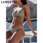 LANGSTAR Wave Point Bikini Spaghetti Strap Swimsuit Women Swimwear Sexy Padded Low Waist Lace Stitching Biquni Bathing Suit