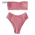 ZAFUL Bandeau Bikini Plaid Swimwear Women High Waisted Swimsuit Sexy Strapless Padded Checkered Bathing Suit High Rise Biquni