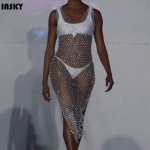 IASKY 2019 New Bling bling crystal fish net beach cover ups sexy women bikini swimsuit bathing suit cover up dress beach wear