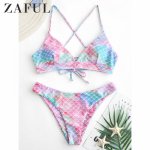 ZAFUL Sexy Shell Bra Swim Bikini Hanging Neck Creative Beach Wear Fish Scale Print Thong Swimwear Summer Bathing Suit For Lady