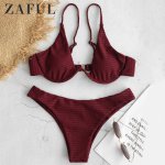 ZAFUL Bikini Textured W-Wire Padded Bikini Set Low Waisted Solid Underwire Swimsuit Women Sexy Swimwear Push Up Bathing Suit