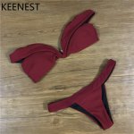 KEENEST Red Wine Bikinis Women Swimsuit Low Waisted Strap Push Up Biquini Sexy V Neck Swimwear Beach Swimsuit