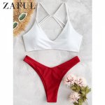 ZAFUL Bikini Women Color Block High Cut Bikini Set Spaghetti Straps Wire Free Padded Swimsuit Sexy Swimwear Basic Bathing Suit