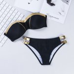 2018 Sexy Bandeau Thong Bikini Set Push Up Swimwear Halter Top for Women Blue Gold Stamping Swimsuit Padded Female Bathing Suit