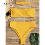 ZAFUL Bandeau Choker Bikini Set High Cut Women Swimsuit Padded Swimwear Sexy Strapless Solid High Waisted Swimming Suit Female
