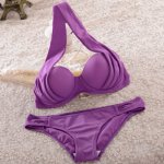 Brand New Womens Big Size Underwire Sexy Halter Swimsuit Comfortable Solid Purple Bra & Panties Bikini Set  36 38 40 42 44 B C D
