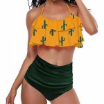 Sexy Double Layer Ruffled High Waist Swimsuit Floral Print Retro Bikini Swimsuit Bikini Swimwear Green Cactus Swimsuit