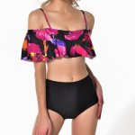 2PCS Women Fashion Floral Bandage Top High Waist Sexy Bikini Set Black Red, Black Swimwear Off Shoulder Suit