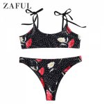 ZAFUL Floral Polka Dot Thong Bikini Set Spotted Bandage Tie Bikini Swimwear Sexy Women Swimsuit Female Bathing Suit Push Up