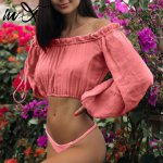 In-X Off shoulder bikini top Sexy long sleeve swimsuit cover up Beach dress women Solid cover ups 2019 Sarong beachwear Summer