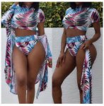 3pcs Swimsuit Cover Up Summer Sexy Leaves Print Mesh Long Sleeve Crop Top High Waist Bikini Set With Cover Up Brazilian Swimwear