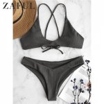 ZAFUL bikini High Leg Cami Ribbed Bikini Set Spaghetti Straps Criss-Cross Solid Swimwear Women Sexy Swimsuit 2019 Sportswear