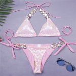 Plus Size Crystal Diamond Bikini Sexy Women Rhinestone Swimsuit Halter Bandage Swimwear Beach wear Bling Sequin Bikini Set S-XXL