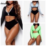 IASKY 2018 Sexy High Waist Bikini Women Swimwear long sleeve Swimsuit with zipper front Bathing Suit Biquinis Summer Beach Wear