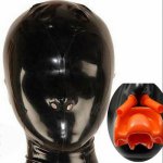 Latex Hood with Red Teeth Gag Nasal Tubes Back Zipper Rubber Fetish Mask adult games bdsm hood bdsm sex  bdsm mask restraints