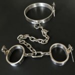 Stainless Steel neck collar with handcuffs for sex adult games bdsm fetish bondage restraints hand cuffs sex toys for couples