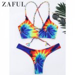 ZAFUL Bikini Tie Dye Braided Criss Cross Bikini Set Wire Free Spaghetti Straps Swimsuit Low Waisted Women Sexy Swimwear 2019