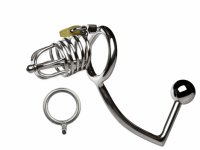 2107 New Medium Male Stainless Steel Cock Penis Cage Catheter Wit Anal Hook Anus Plug Butt Beads Chastity Belt BDSM Sex Toy A159