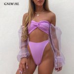 GNIM High Waist Swimsuit Women Push Up Brazilian Biquini Chiffon Puff Long Sleeve Bikini Swimwear 2019 Sexy Bathing Suit Women