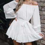 Summer Women Boho Off Shoulder Dress Bikini Cover-Ups Lady Sexy Flare Sleeve Evening Party Beach Mini Dress Lace Hollow Cover Up