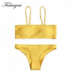 Fulaigesi Women Solid Sexy swimsuit Bikini set Vintage Bandeau 2020 push up Ribbed colorful swimwear swimming bathing suit beach