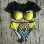 Retro High Neck Mesh Women Sexy Bikini Set High Waisted Printed Swimsuit Bottom Hollow Out Zipper Design Push Up Swimwear Top