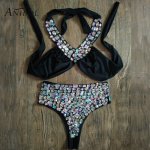 Anibol 2018 Hand Sewing Luxury Rhinestone Bikini High Waisted Crystal Diamond Women Swimwear Bikini Set Sexy Halter Swimwear