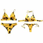 Women Sexy Two Piece Bikini Set Halter Deep V-Neck Strappy Bandage Push Up Padded Swimsuit Contrast Color Leopard Printed Side T