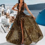 Sexy Deep V-Neck Leopard Bikini Cover Up Beach Dress Swimwear Women Bathing Suit Beachwear Pareos Sleeveless Long Party Dresses